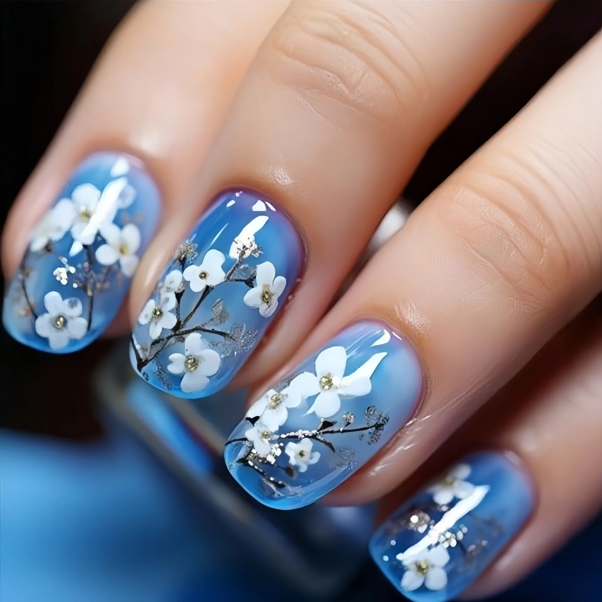 Medium fake nails for women girls Spring summer flowers blue purple white colors glossy or shimmer nail tips press on false nail