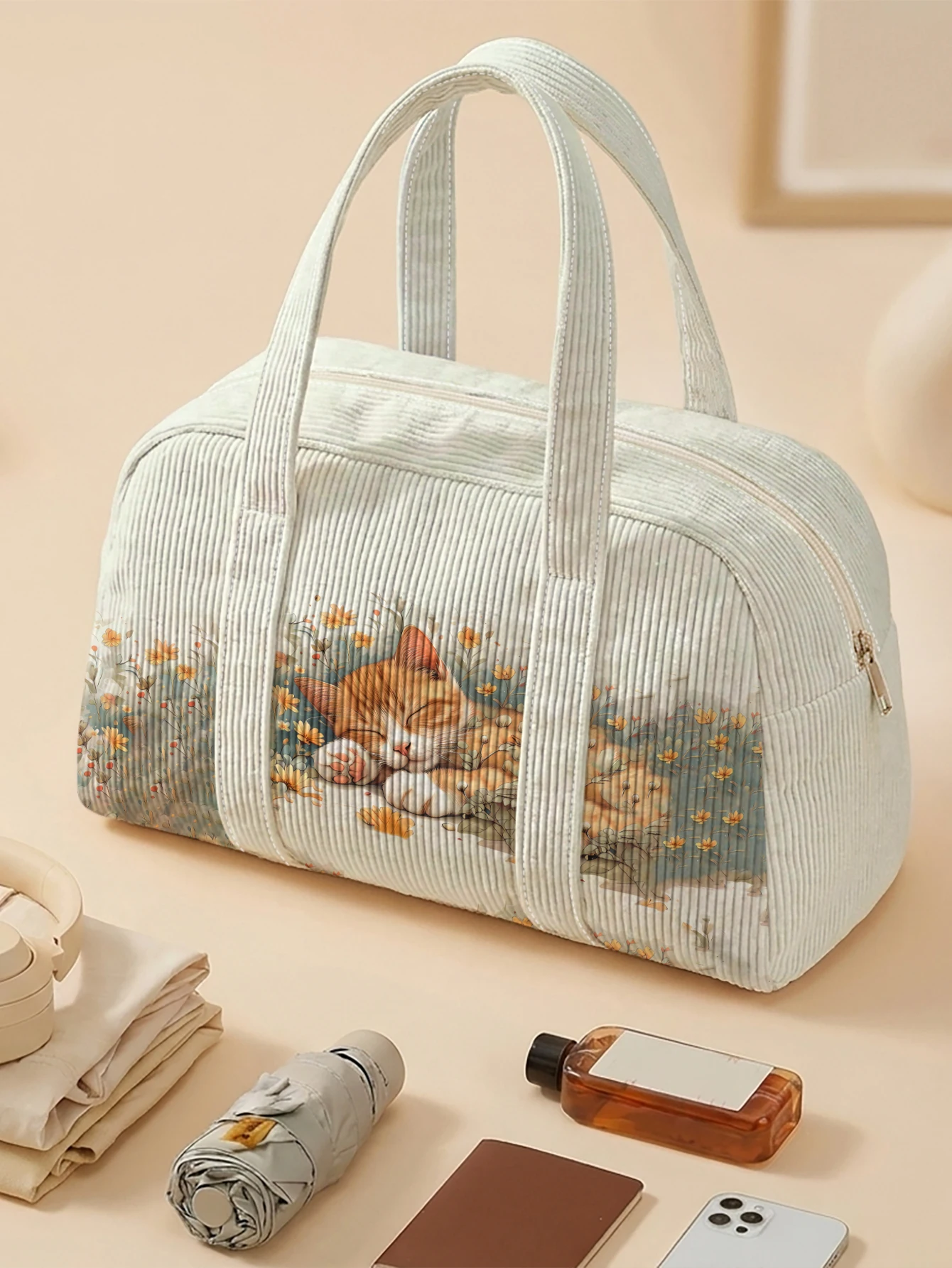 Sleeping Cat Floral Print Handbag Large Capacity Travel Duffel Bag For Shopping Weekend Trip Daily Use