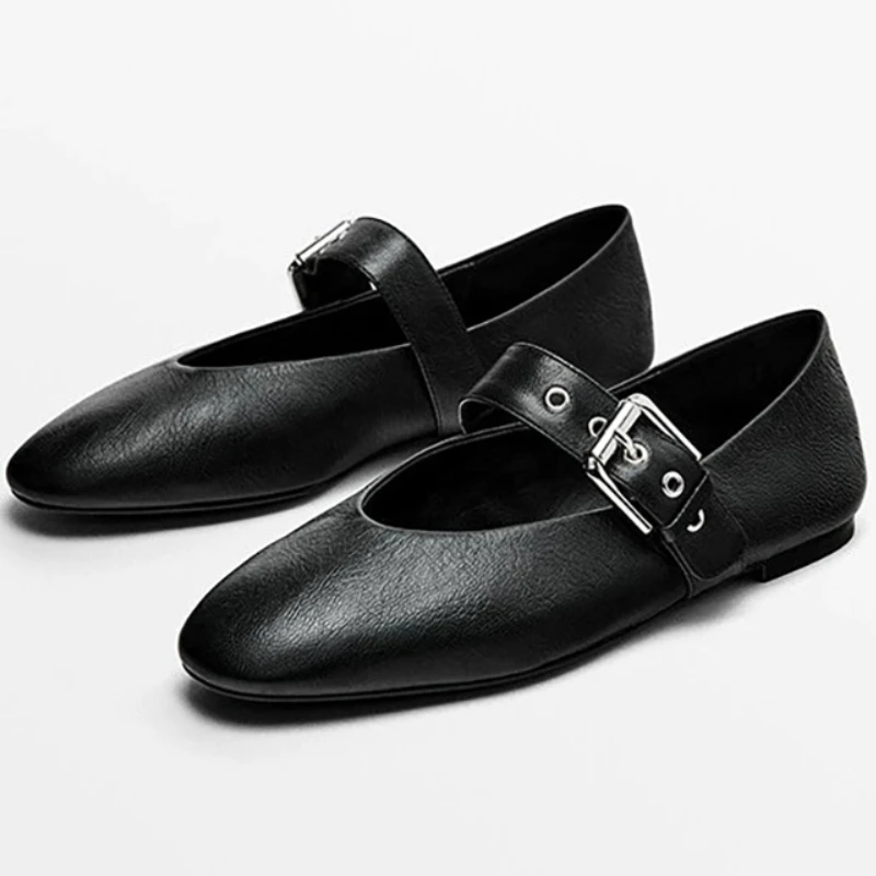 2026 New Mary Janes Flats Shoes Woman Genuine Leather Buckles Round Toe loafers Casual Spring Daily Flats Shoes Big Size 34-43