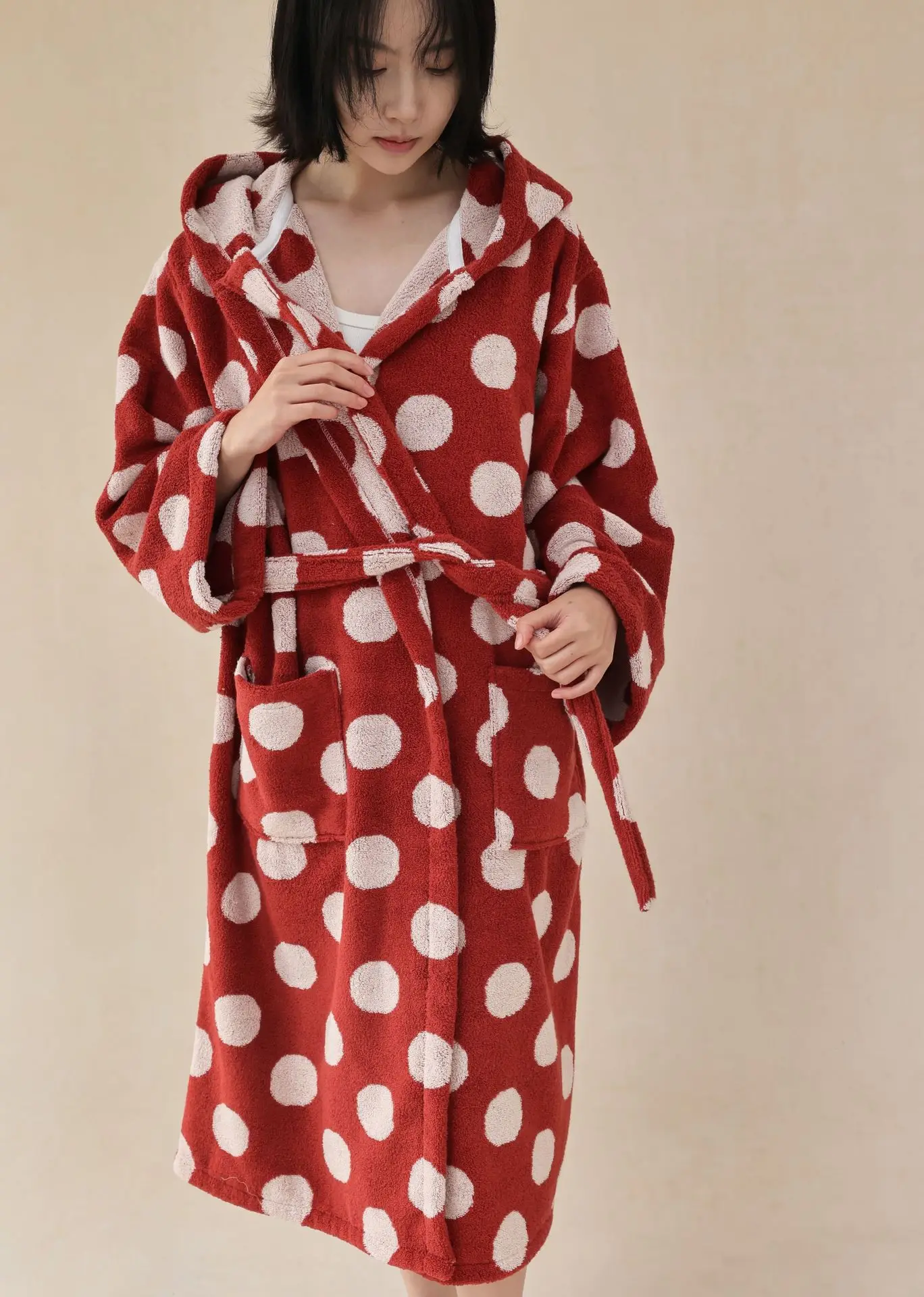 Retro Wave Dots Cotton Bathrobe Parent-child Set Hooded Floral Patter Yarn Dyed Cotton Soft Soft Absorbent Bath towel Robes
