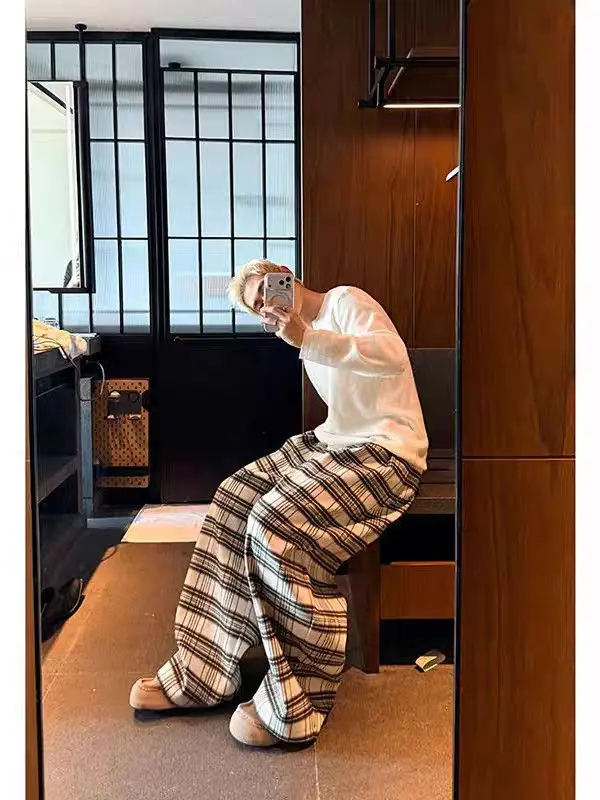 Men's Retro Plaid Casual Loose Thin Pants Summer Bottom Cool Boy Wide Legs Sweatpants Male High Waist Unisex Baggy Trousers
