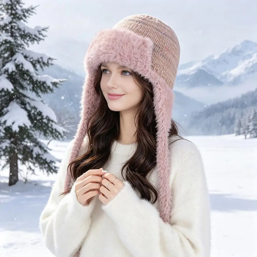 Ear Protection Warm Caps Womens Wool Blend Trapper Hat with Ear Flaps Fuzzy Trim Winter Knit Cap Warm Weather Skiing Hiking