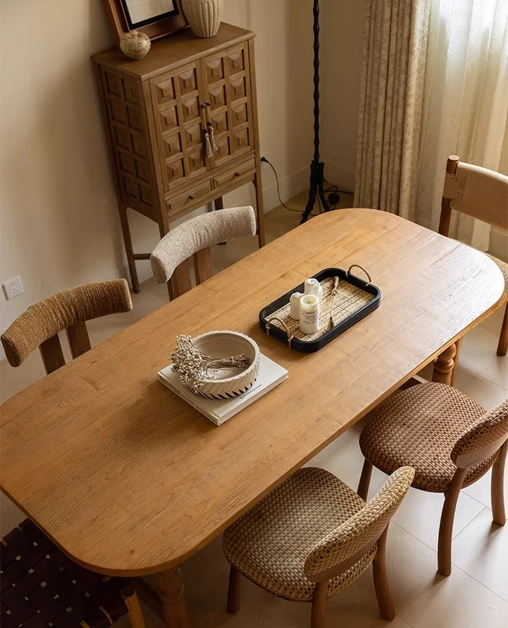 #Nordic Vintage Oak Dining Tables Rectangular Dining Table Set 6 Seater Kitchen Furniture With Chairs For Restaurant Home Dinner