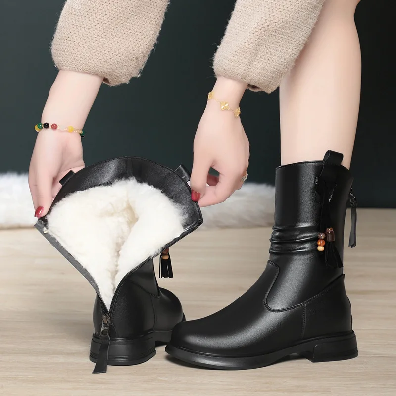 AIYUQI Women Winter Mid Calf Boots Thick Wool Lined Genuine Leather Warm Snow Boots Ladies Big SizeBoots Women