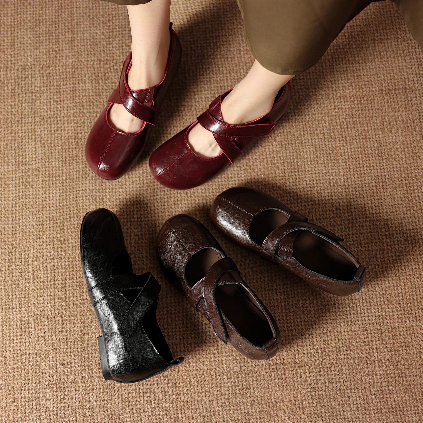 2026 new spring autumn women pumps natural leather 22-25 cm cowhide+sheepskin round toe cross-strap mary janes women shoes