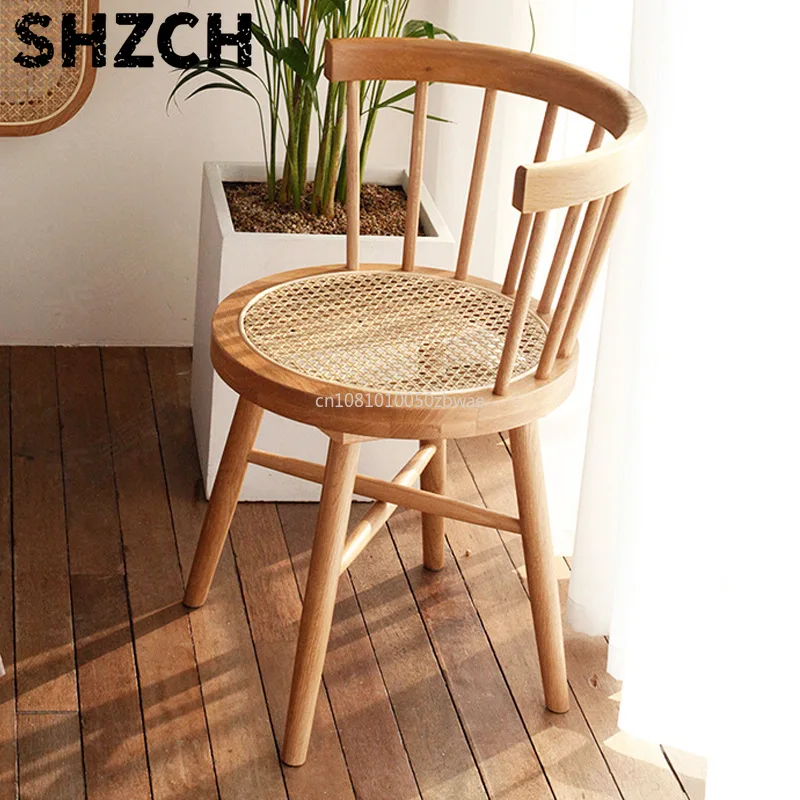 Nordic Japanese Style Solid Wood Wicker Windsor Dining Chair Home Retro Leisure Backrest Chair Solid Wood Wicker Round Chair