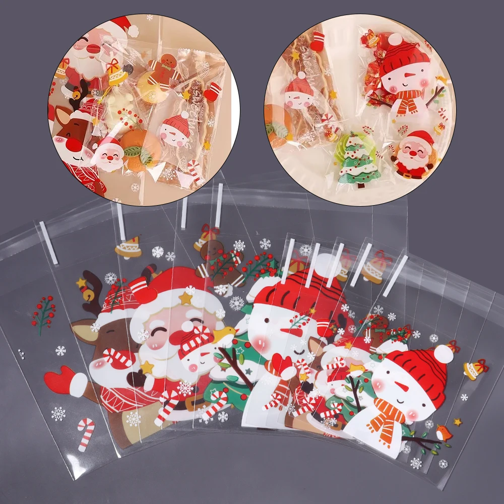 100pcs/lot Christmas Printed Transparent Self Sealing Bag OPP Packaging Bag Candy Biscuit Christmas Party Gift Packaging Bag