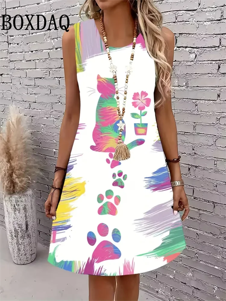 2026 Women's Dress Summer Fashion Abstract Cat Pattern Sleeveless Dress Loose Sundress Casual Graffiti 3D Print Plus Size Dress