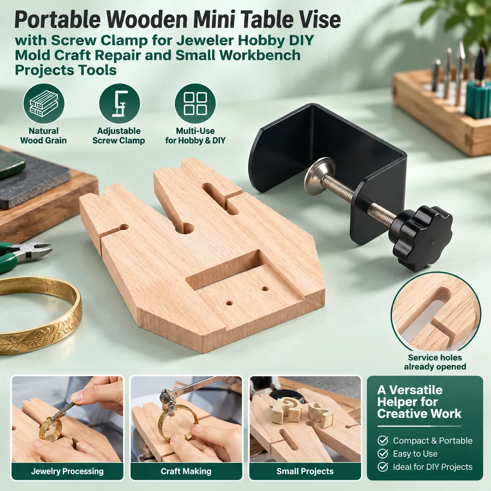 Portable Wooden Mini Table Vise with Screw Clamp for Jeweler Hobby DIY Mold Craft Repair and Small Workbench Projects Tools