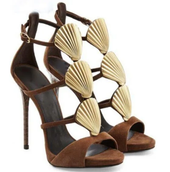 Fashion Style Brown Round Toe Golden Shells Summer Women Sandals Stiletto High Heels Buckle Strap Design Large Size Shoes