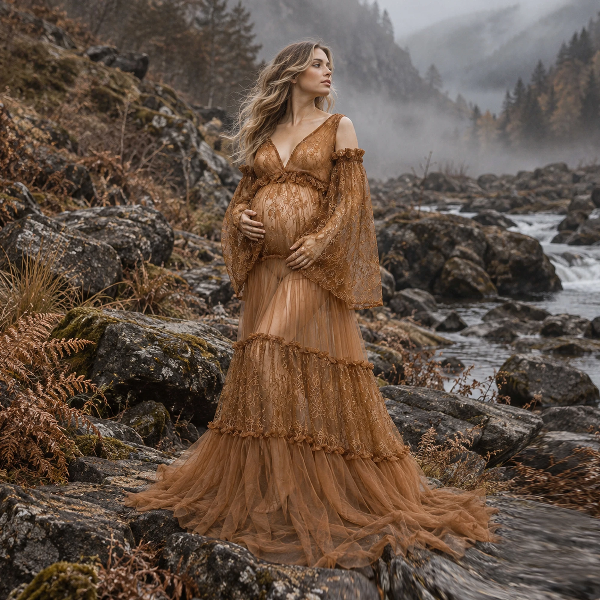 Don&Judy Off Shoulder Sleeves Tiered Tulle Skirt Sheer Lace Gown with Deep V-Neck Ruffled Maternity or Non-Maternity Photography