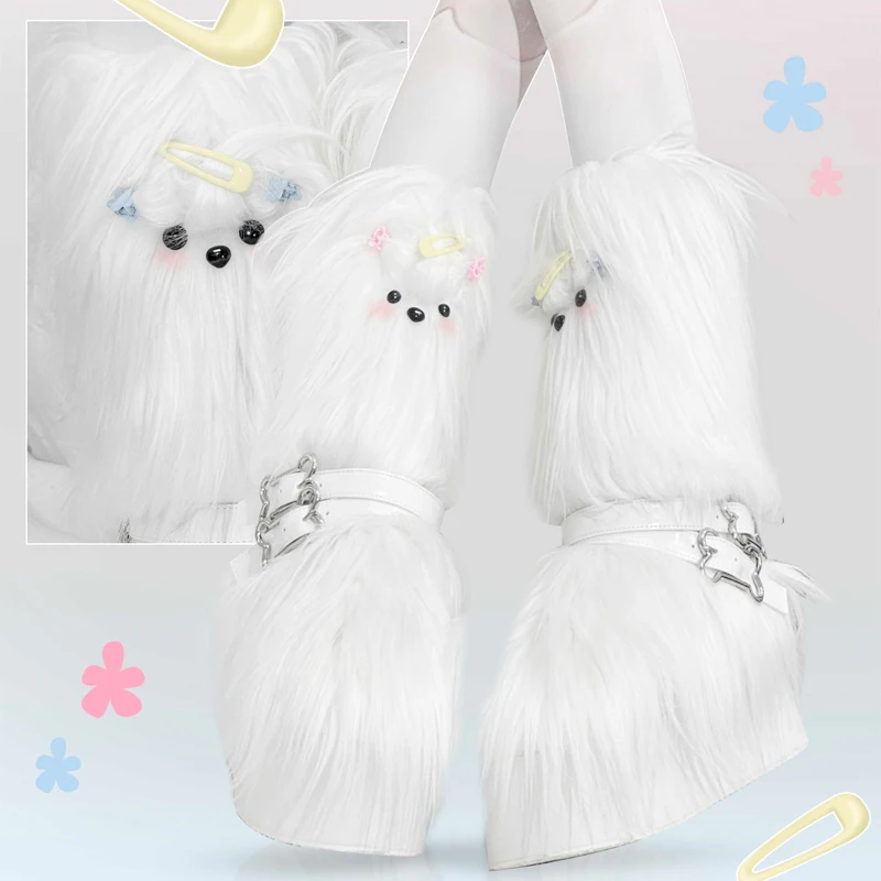 Gururu Original Y2k Subculture Thick Bottom Sweet Cool Long Haired Puppy Fashion Boots Lolita Girl Kawaii Loli Tea Party Boots