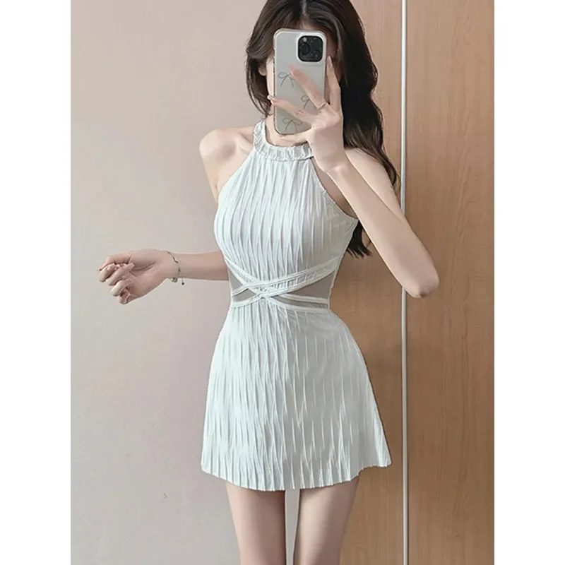 Women's Halter Ne-Piece Swimsuit Mesh Cutout Tummy Control Slim Swimwear for Spa