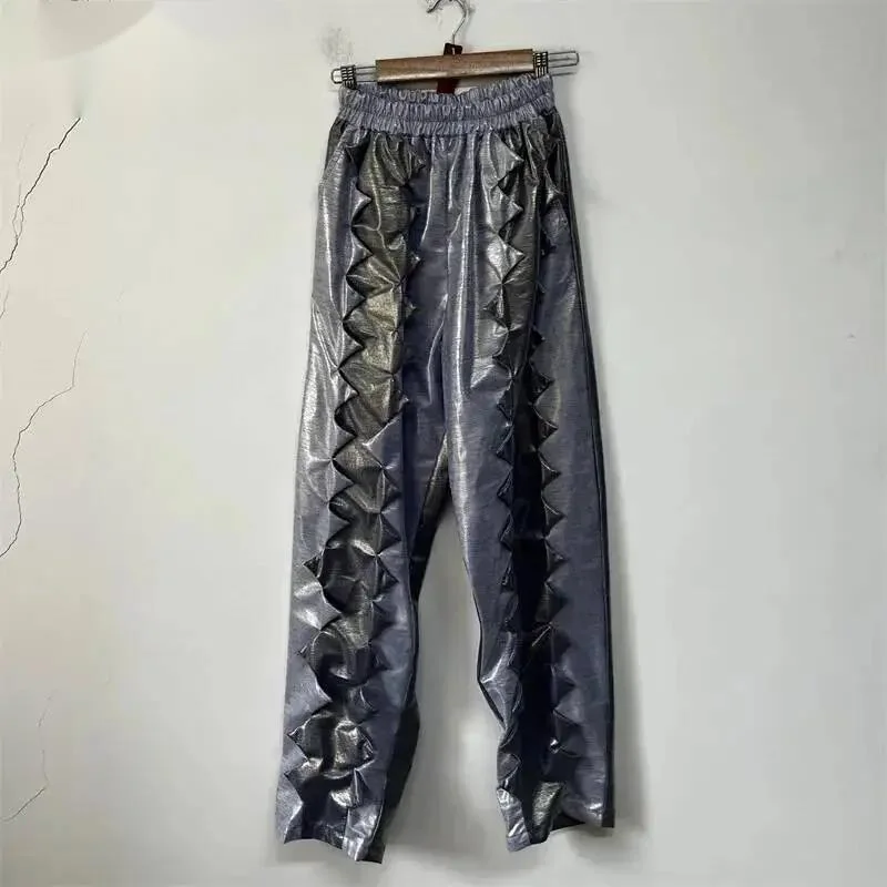Elastic Waist 3D Triangle Pleat Color Block Men's Pants Straight Leg Niche Avant Street Autumn Casual Trousers MGH78