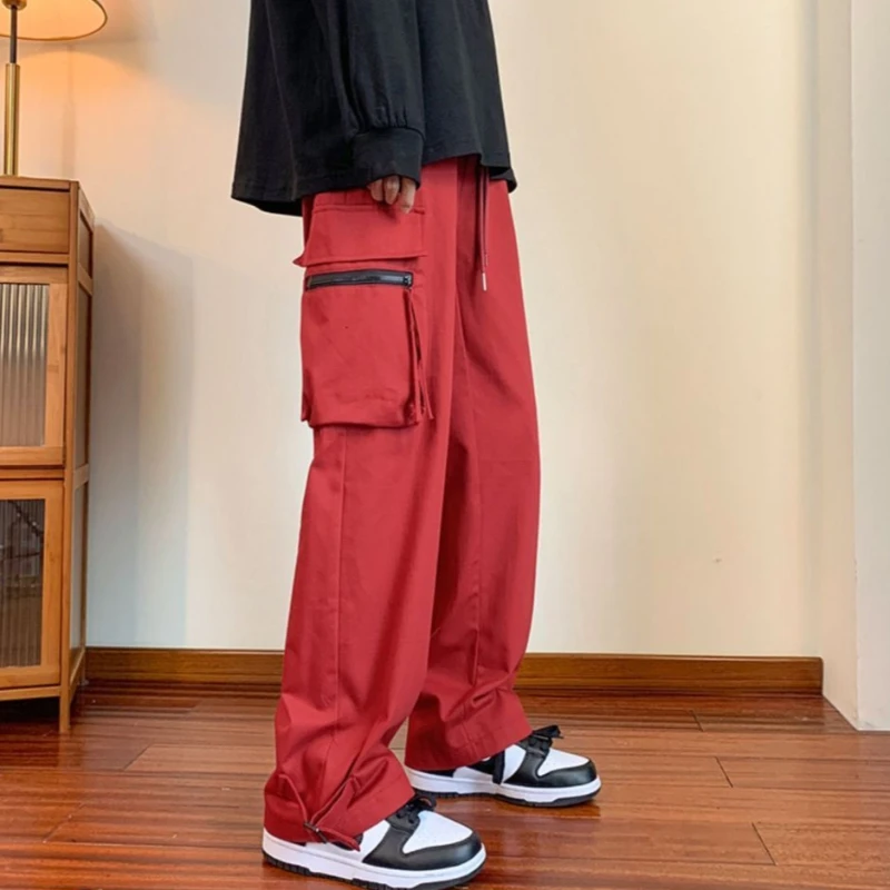 Men's Japanese Style Cargo Pants Loose Straight Leg Large Pockets Solid Color Versatile Sporty Wide Leg Long Trousers Trendy
