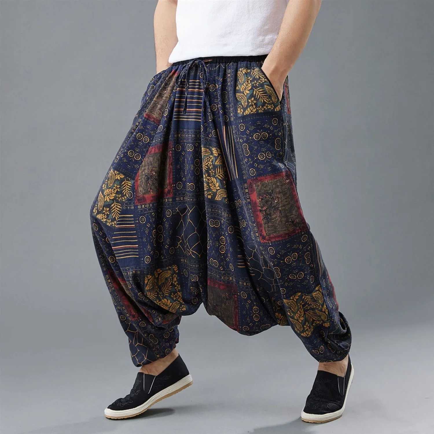 Men Summer Thin Cotton Linen Cross Pants Male Print Bloomers Trousers Wide Leg Loose Vintage Ethnic Trendy Casual Harem Pantalon