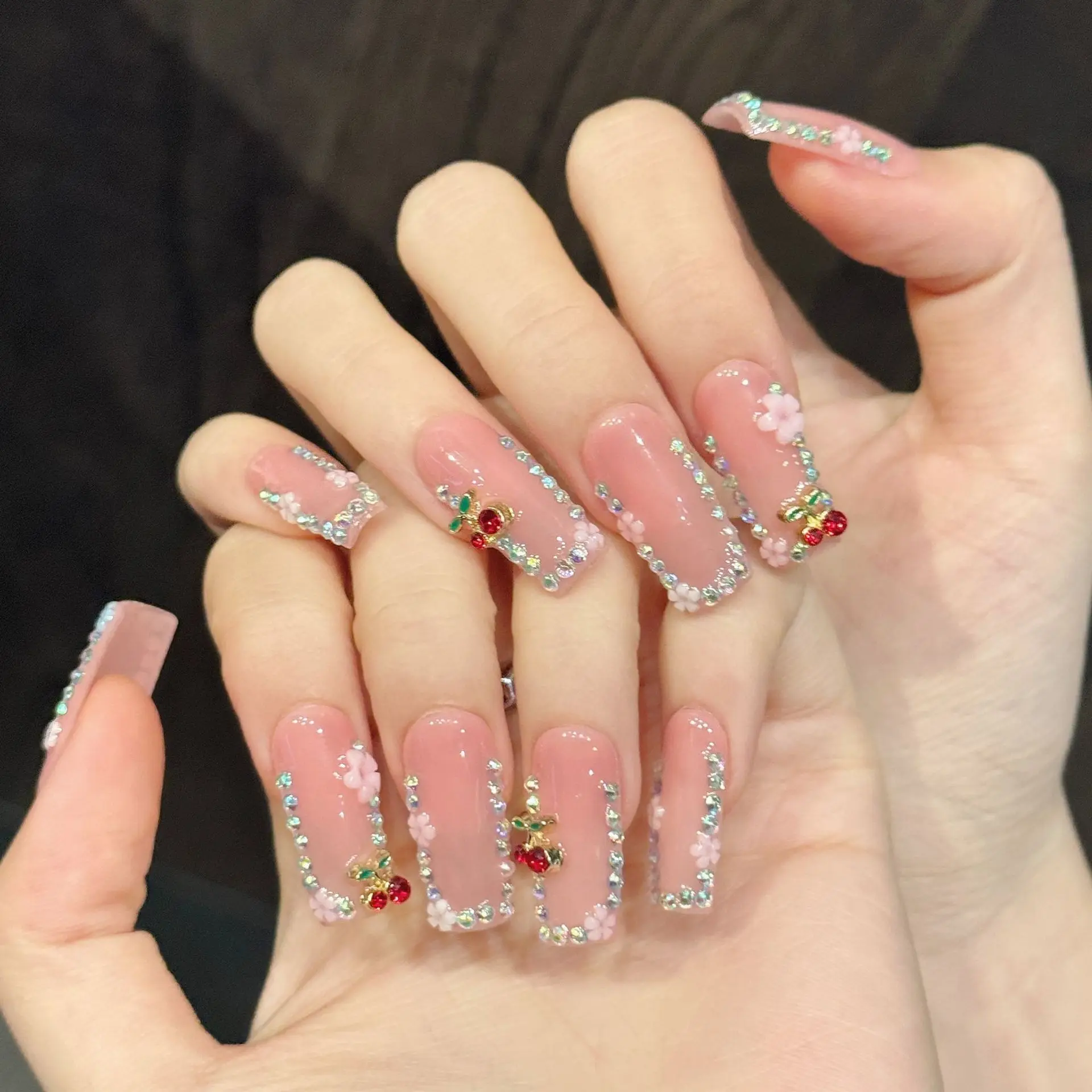 10pcs Handmade Long Square Press On Nails Nude Pink 3D Cherry Rhinestone Design Sweet Cool Fake Nails Wearable Nails Spice Girls