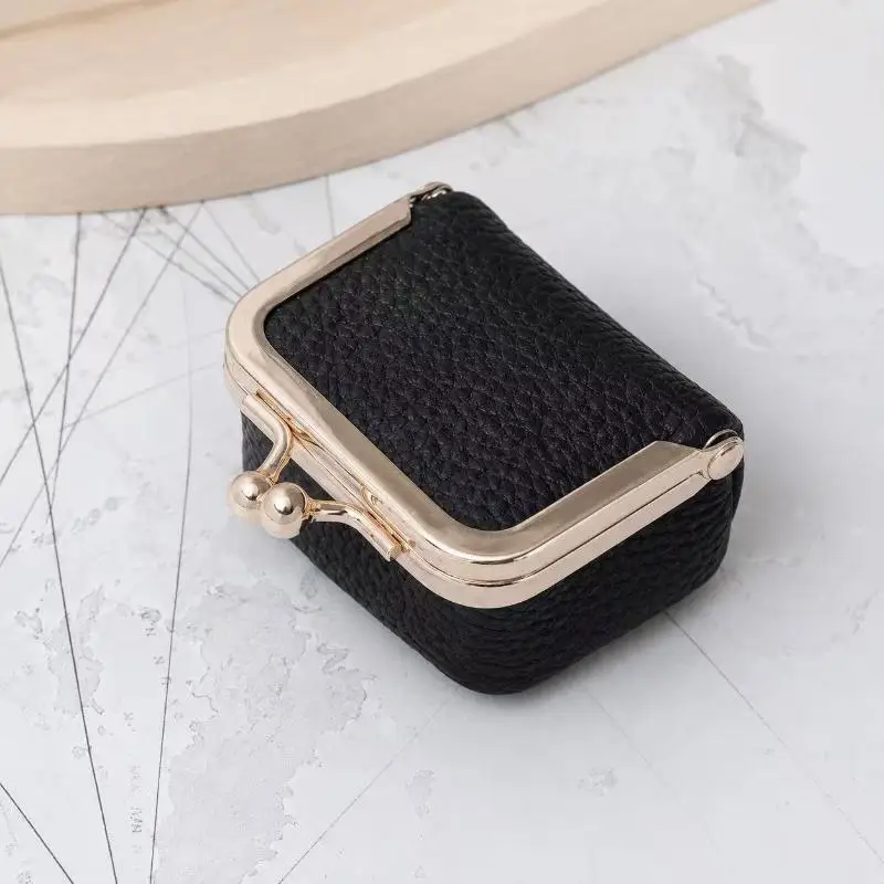 *Wallet Genuine Leather Kiss Lock Coin Purse Solid Color Square Leather Jewelry Bag Multifunctional Mini Small Item Bag Earrings
