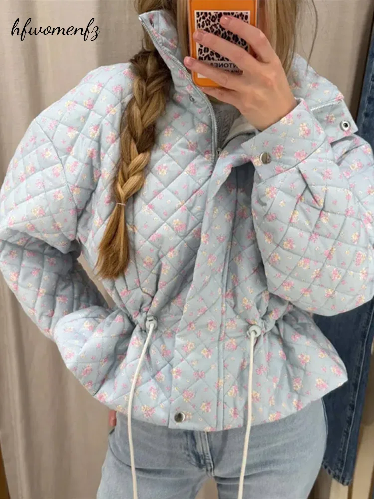 Stand Collar Print Women Jacket Drawstring Waist Long Sleeve Loose Lady 2026 Spring Autumn Casual Fashion Female Outwear