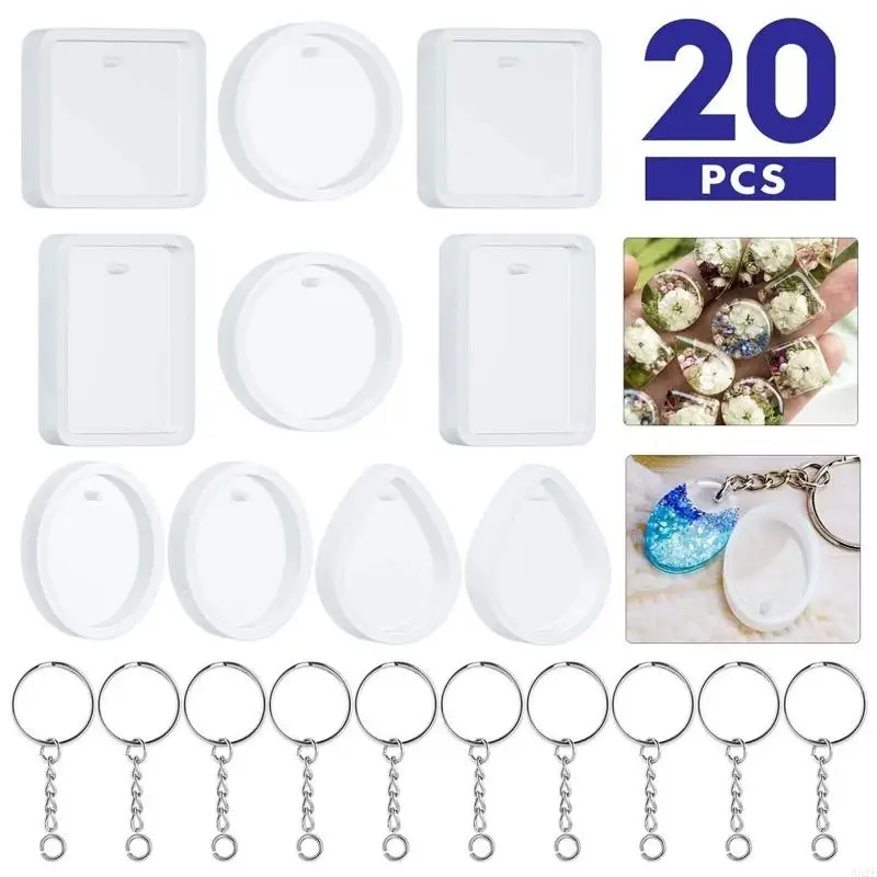 A52E Water Drop Round Square Oval Resin Casting Molds Keychain Pendants with Hanging Hole Casting Silicone Mould with Keyring