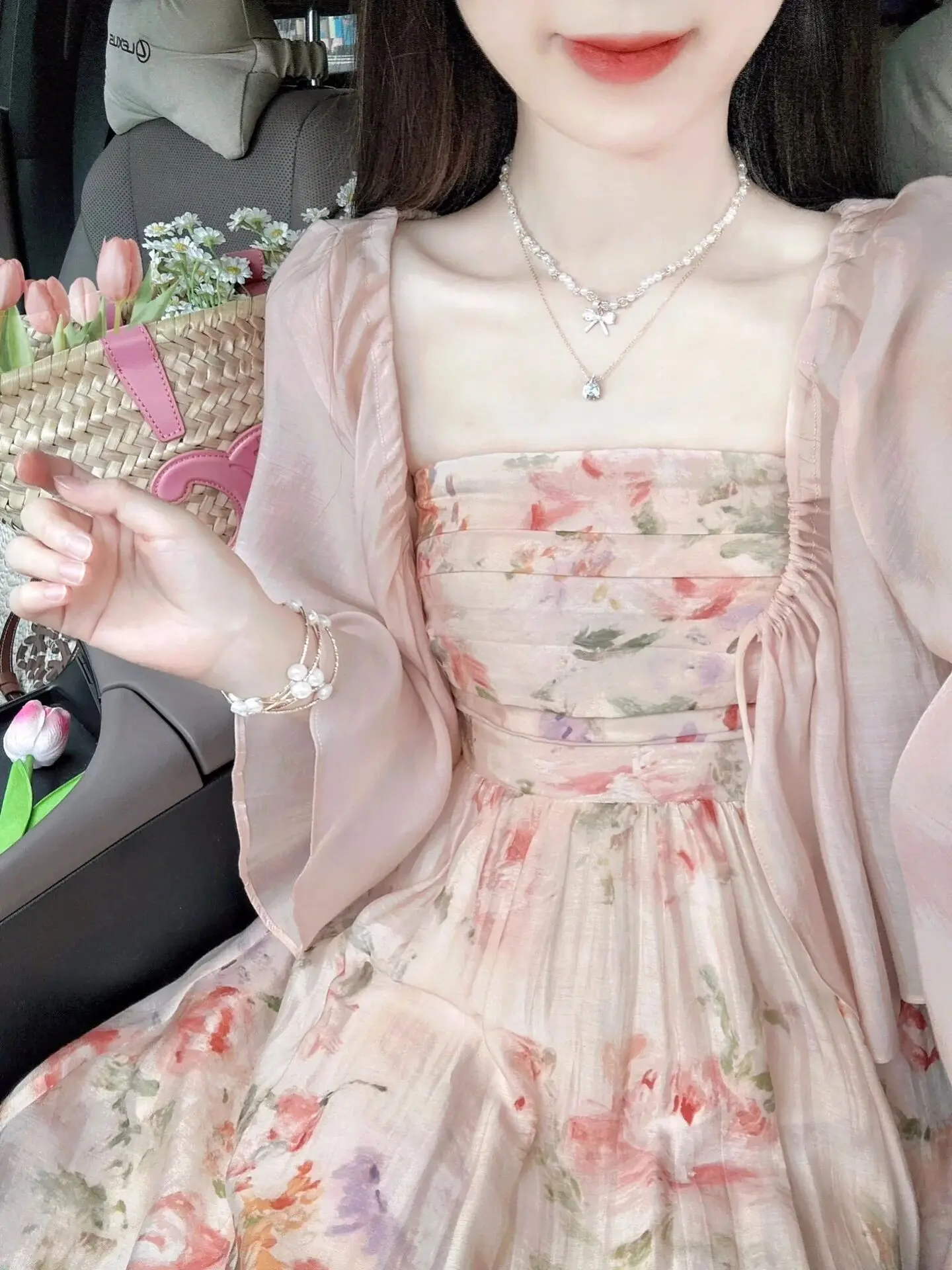 Floral Print Halter Dress Women's Spring Season High Waist Sensation Elegant Waist Inward Long Dress Two Piece Set
