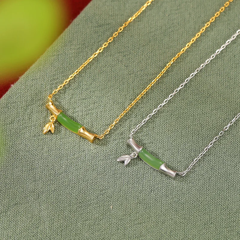 S925 Sterling Silver Gold-Plated Hetian Jade Leaf Necklace In New Style