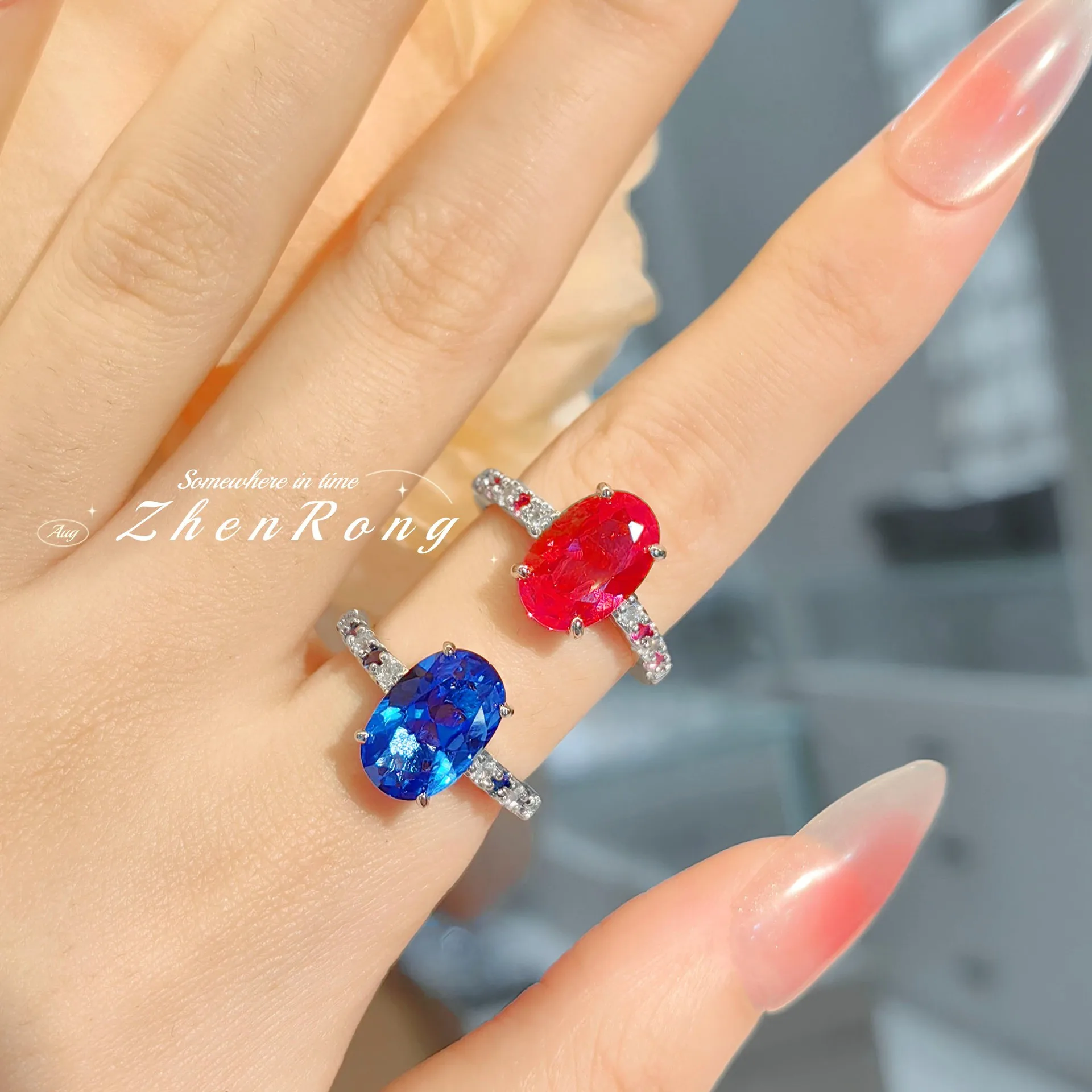 S925 Silver Temperament Simple sapphire Ring Versatile High Carbon Diamond Blue Spinel Pigeon Egg Ring Female