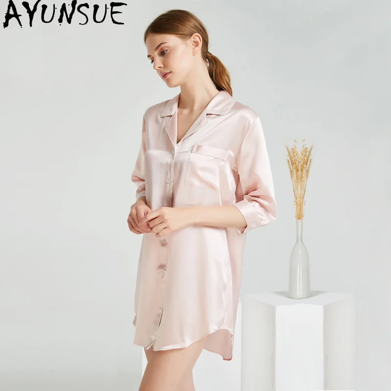 AYUNSUE 100% Mulberry Silk Night Dress Women 19MM Silk Casual Shirt Dress 2026 New Arrive Summer Sexy Sleepwear Pijama Feminino
