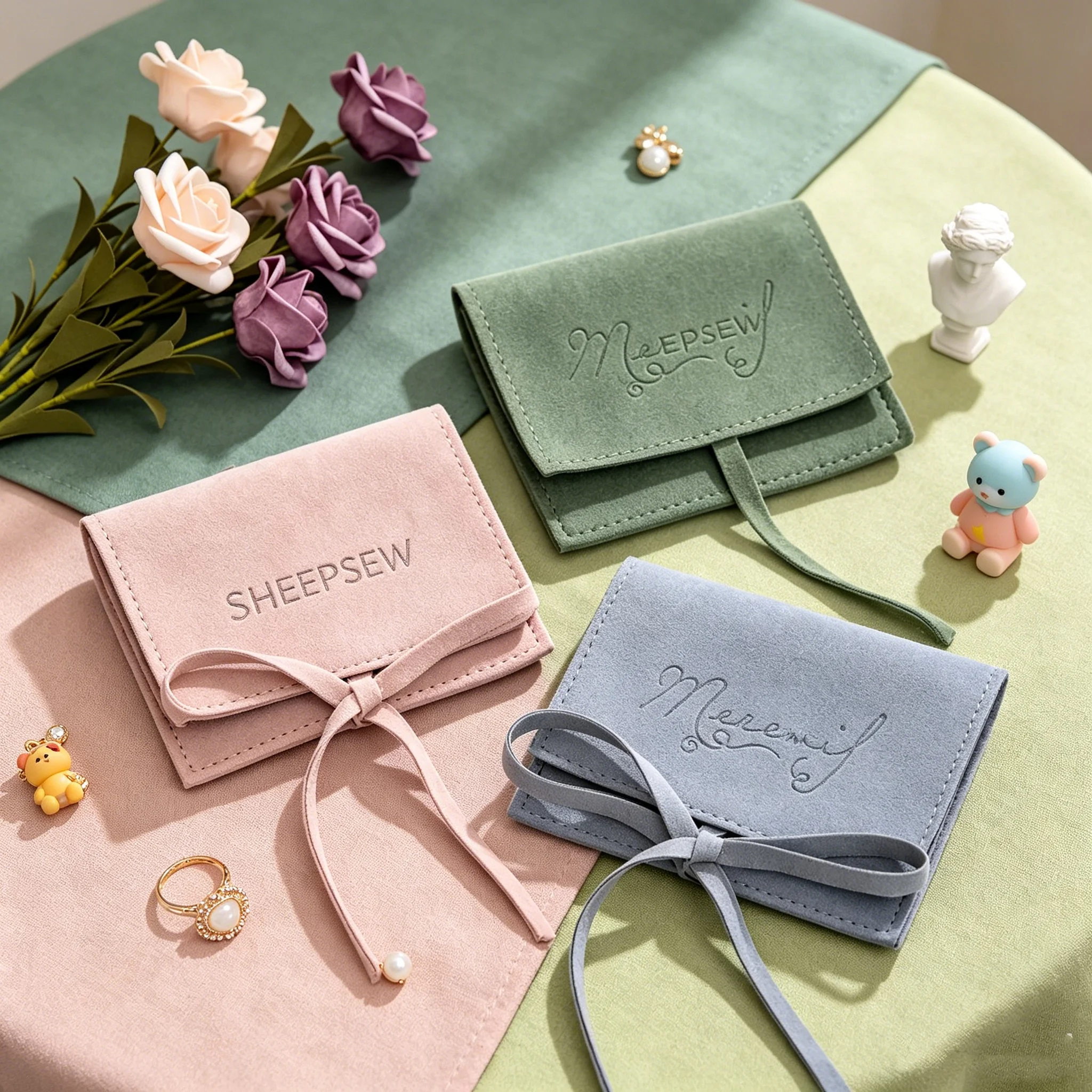 SHEEPSEW Hochwertige Mikrofaser Umschlag Schmuckbeutel mit individuell geprgtem Logo Geschenkverpackung fr Halsketten Ohrringe