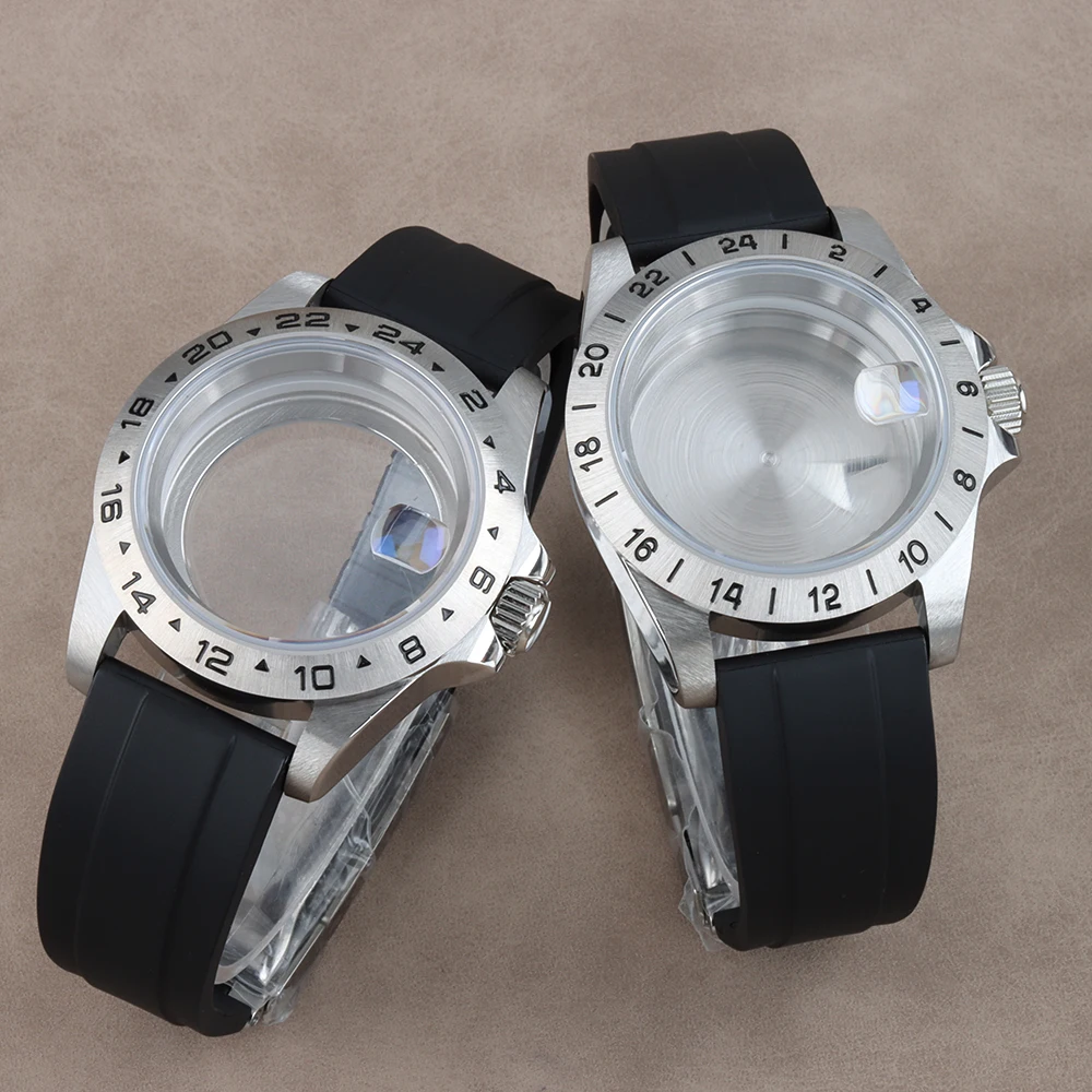 39mm EXP Watch Case Sapphire Glass Solid 24 Hours GMT Bezel for Explorer 2 Case NH34 NH35 NH36 Movement 28.5mm Dial Rubber Strap