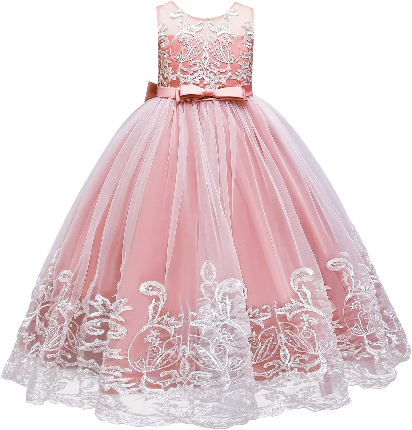 Flower Girl Lace Dress Children's Wedding Bridesmaid Birthday Formal Dress Princess Beauty Pageant Ball CommunionDress Sheer Bow