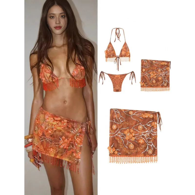 Women's Summer Beach Vacation Style, Seaside Travel, Photography Atmosphere, Bikini Fringe Skirt Set