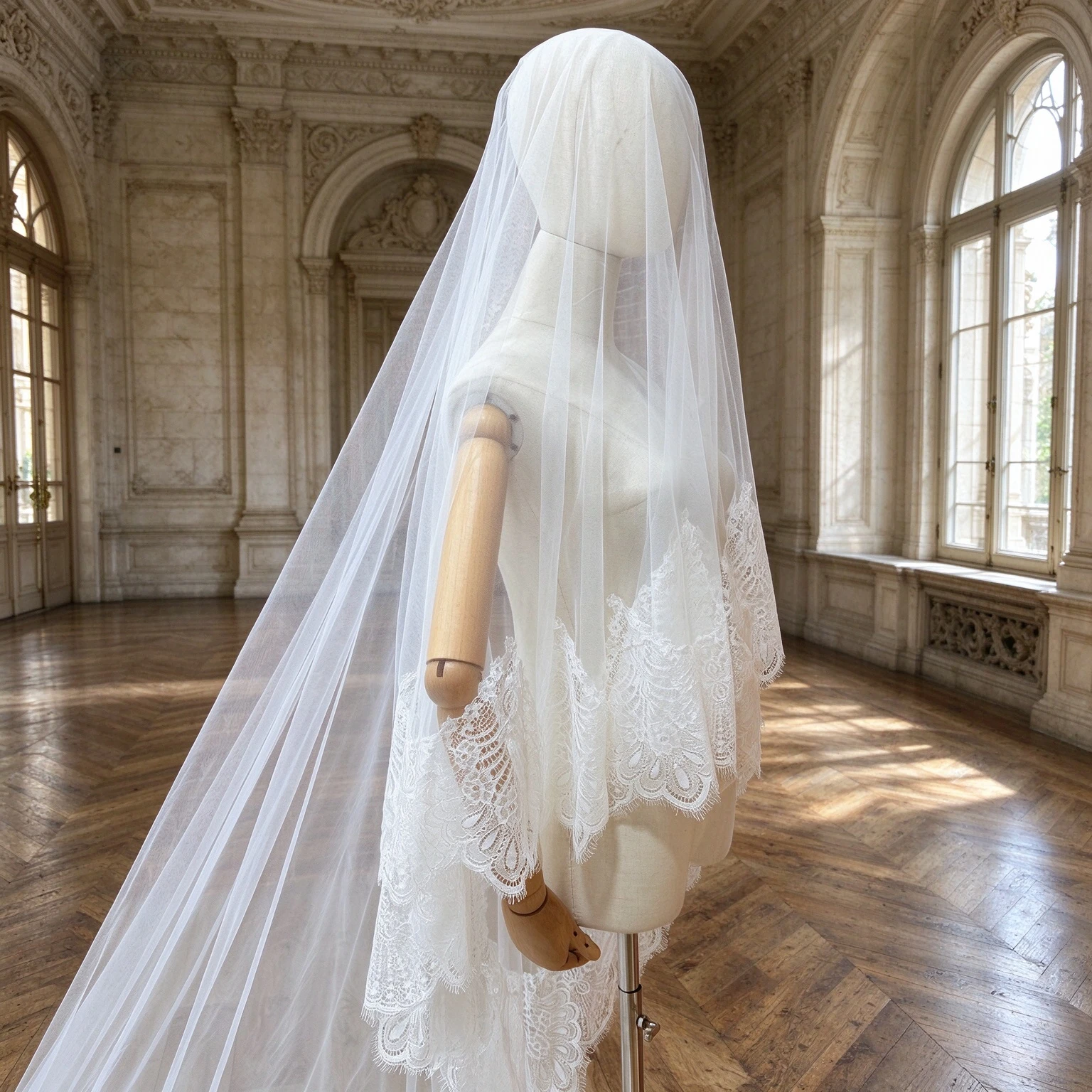 2-Tier Bridal Veil with Blusher Cathedral Wedding Veil French Chantilly Lace Wedding Dress Accessories