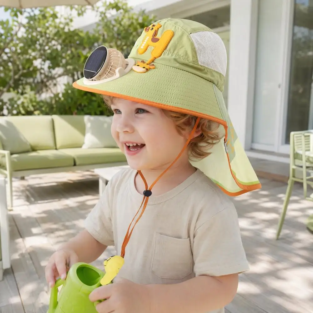 Fan Cap Kids Sun Cap with Built-in Solar Fan Wide Brim Sun Protection Hat Breathable Mesh Summer Hat with Cartoon Pattern Shawl