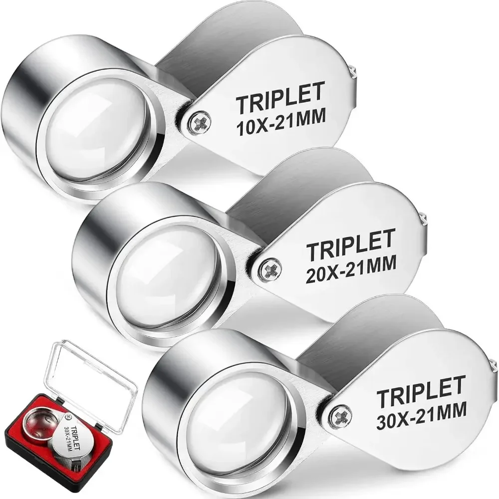 10X 20X 30X Triple Power Jewelers Loupe Set Folding Pocket Magnifying Glass for Gems Coins Watches Stainless Steel with Box