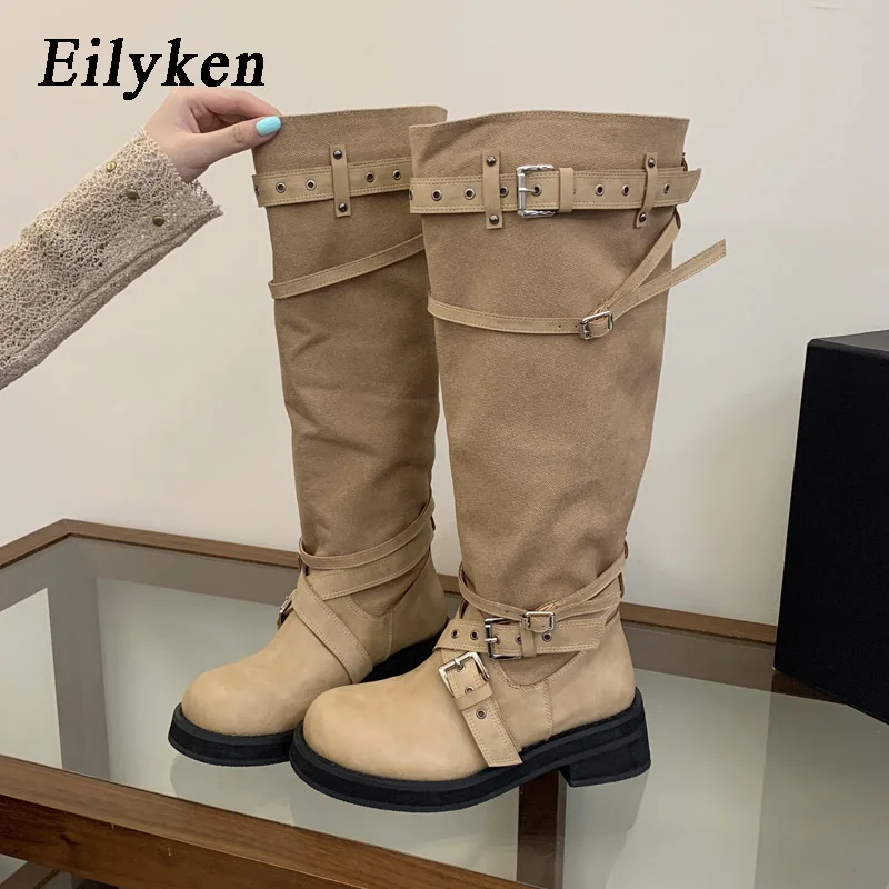 Eilyken Punk Style Round Toe Women Knee-High Boots Designer Buckle Strap Long Booties Autumn Winter Low Heels Shoes