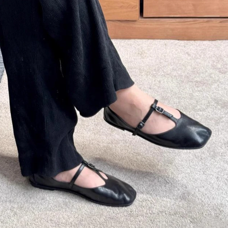 Dave&di Minimalist Spanish French Retro Mary Jane Shoes Women's Flat Bottom Square Head Versatile Comfortable Ballet Shoes Woman