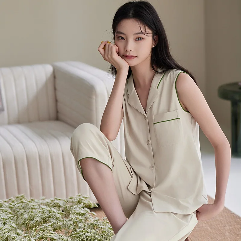 New Fashion Nightwear Set Vest + Calf-Length Pants Sleepwear M-3XL Womens Casual Home Clothes Lapel Cardigan 2PCS Pajamas Sets
