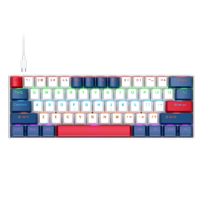 Hot Swappable 61 Keys Mechanical Gaming Keyboard Rgb Backlit Detachable Usb Cable Two Tone Pbt Keycaps Blue Switch Compact For P