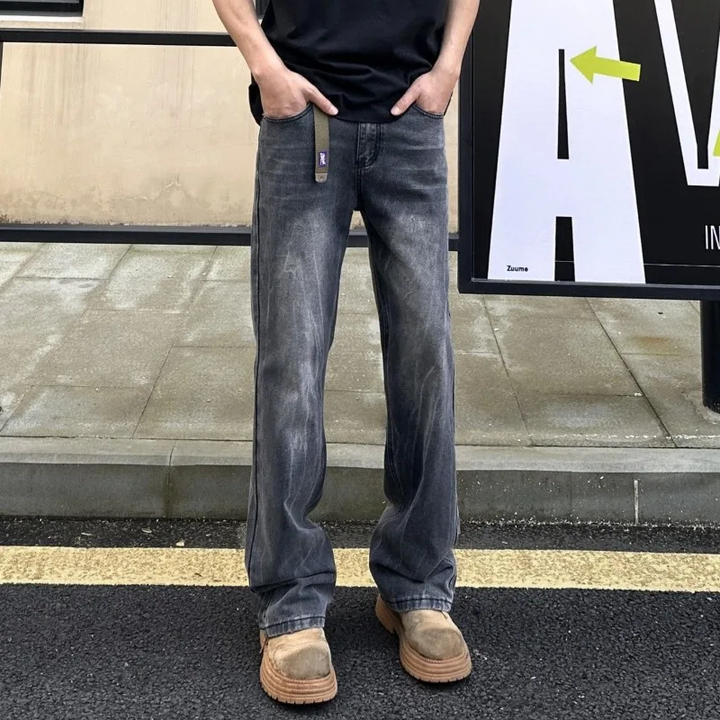 Men Washed Distressed Frayed Hem Loose Straight Leg Denim Jeans