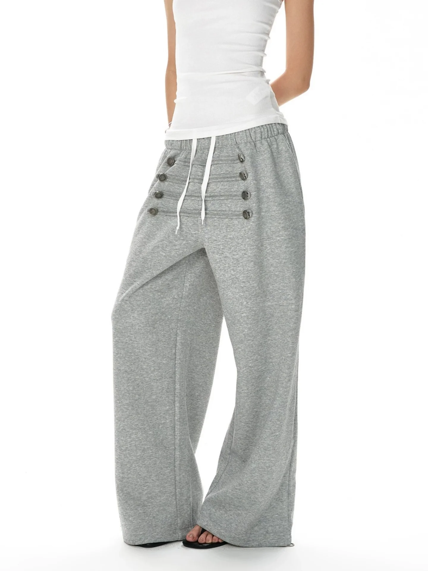 Gray Wide Leg Sweatpants with Multiple Buttons Unisex Casual Sporty Loose Fit Youthful Straight Cut Trousers for All Seasons