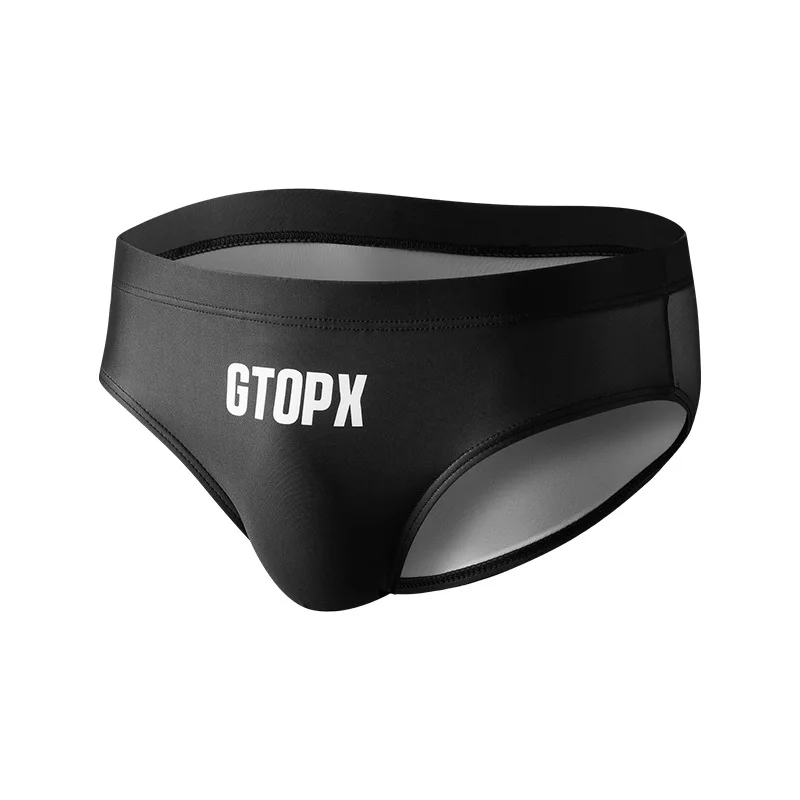 Men Solid Black Quick Dry Swim Briefs, Lowrise GTOPX Print Beach Pool Triangle Swimwear