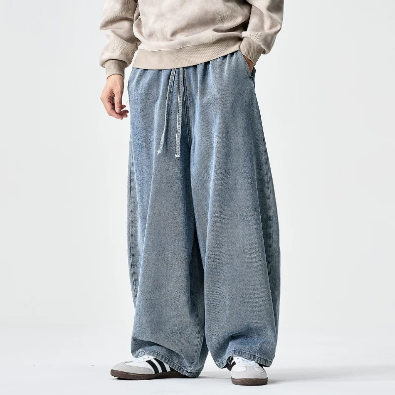 Men Denim Pants Casual Loose Jeans Elastic Waist Wide Leg Pants Male Oversize Retro High Street Hip-hop Straight-leg Trousers