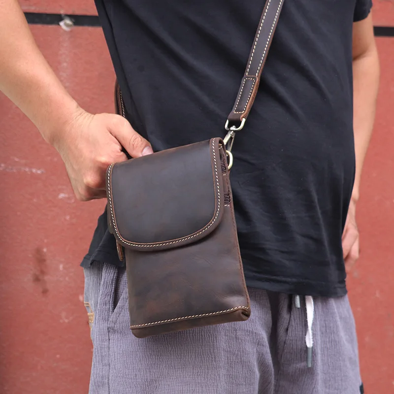 Men's single-shoulder crossbody bag, genuine leather mobile phone pouch, waist bag for pants, cowhide small crossbody bag