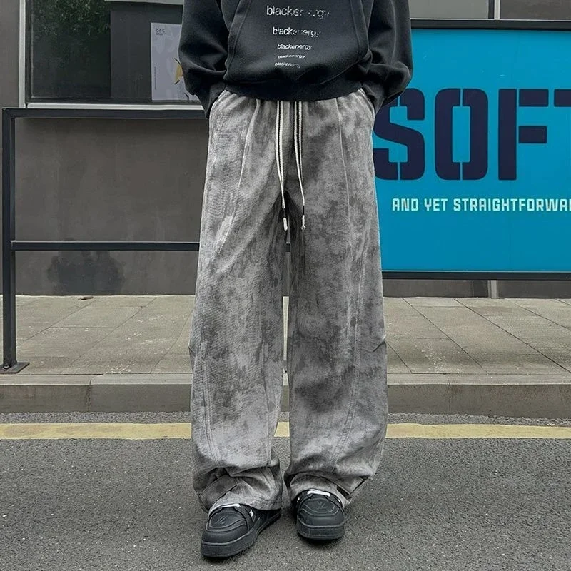Men's Tie Dye Cargo Pants American Style Twill Jacquard Loose Straight Casual Trousers Streetwear