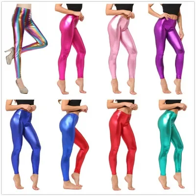 Ladies Silver Metallic Shiny Laser Leather Leggings Women Candy Color Dancing Party Pant Sexy Night Club Skinny Costume Pants Ti