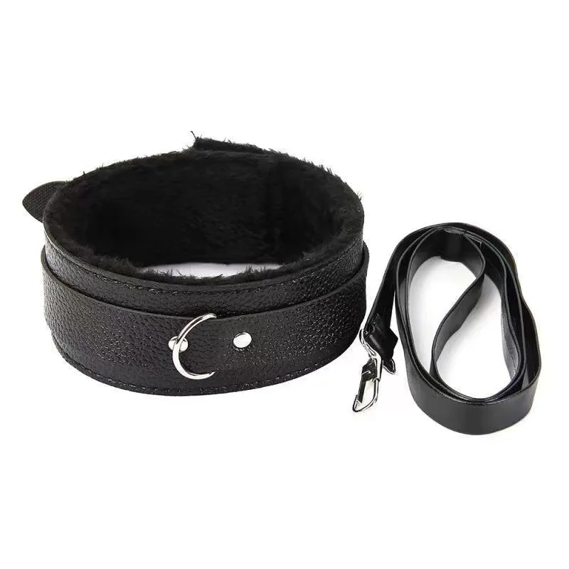 Adjustable Plush Faux Leather Neck Collar with Detachable Chain Leash for Adult Couple BDSM Bondage Flirting Accessory Gift