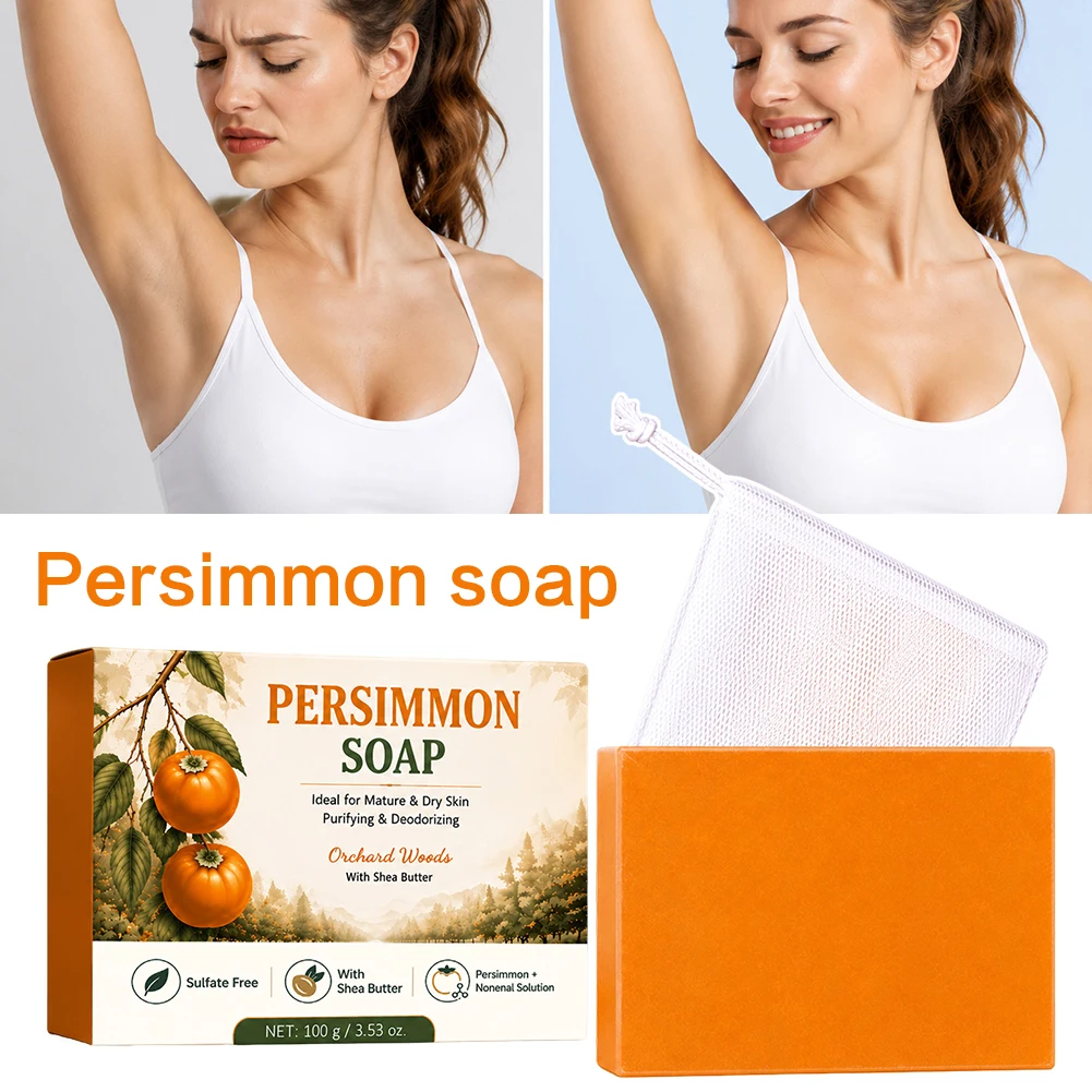 1/2PCS Persimmon Cleansing Soap Bar With Foaming Net Body Care Face Wash Exfoliating Whitening Soap Fruit Handmade Shower Soap