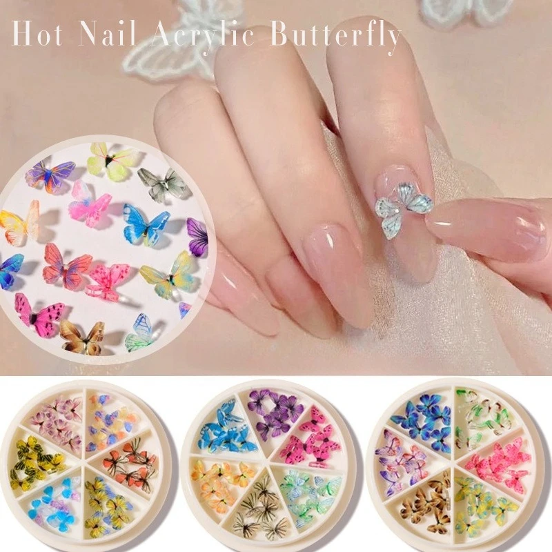 30Pcs 3D acrylic mini butterfly nail charms, finished small butterflies packed in 6-grid box for nail art decorations