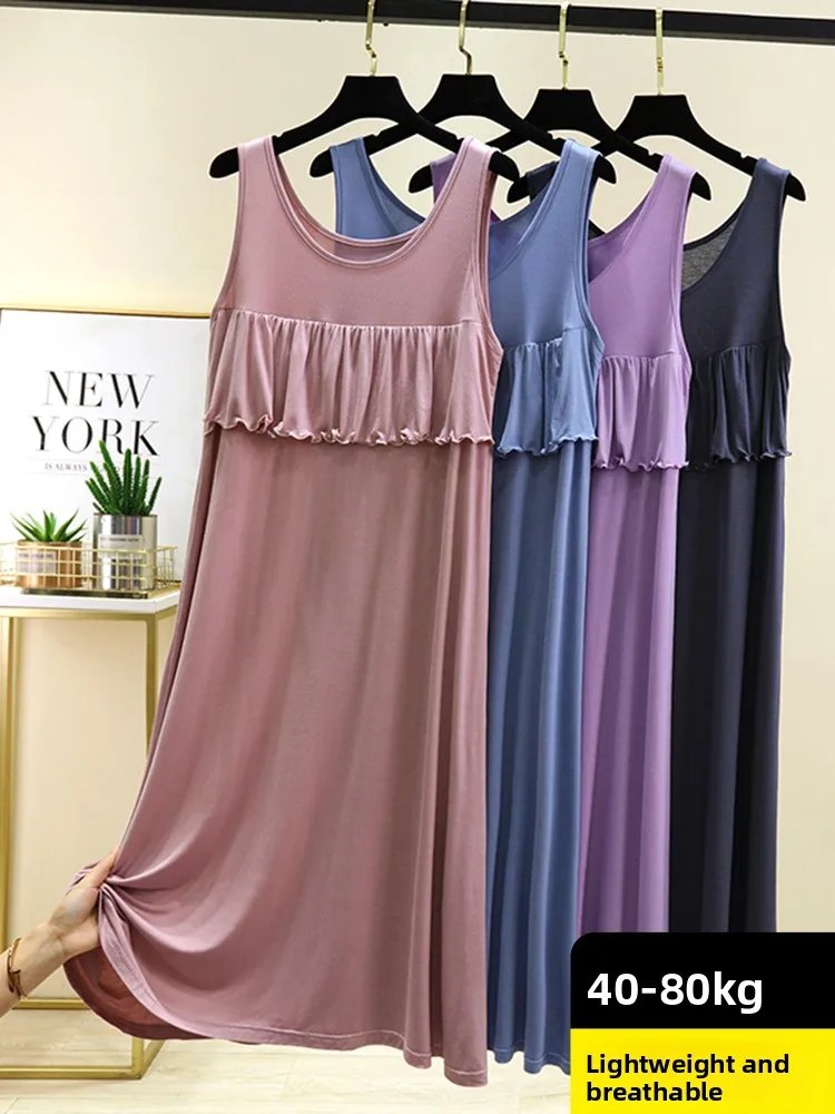 Summer Thin Modal Sleeveless A-Line Dress Anti-Bulge Mid-Length Outerwear Base Sleepwear round Neck No Button Closure